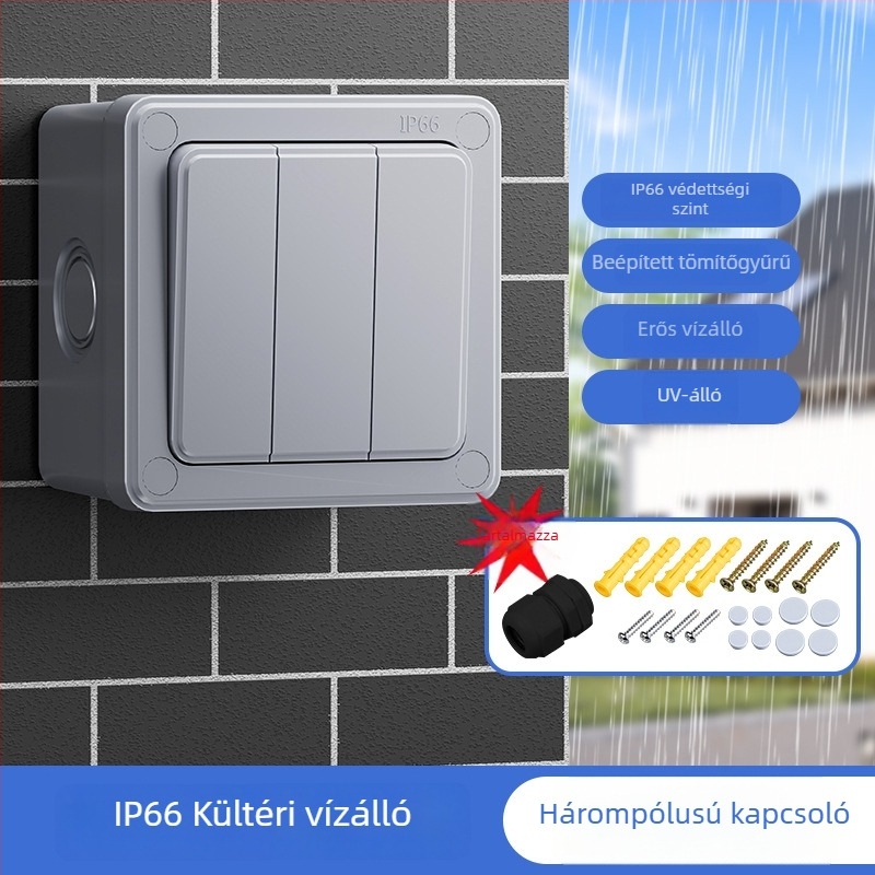Kültéri vízálló kapcsolódoboz gombbal, esőálló panel egyszeres és kettős vezérléssel, falra szerelve, ipari tápegységgel