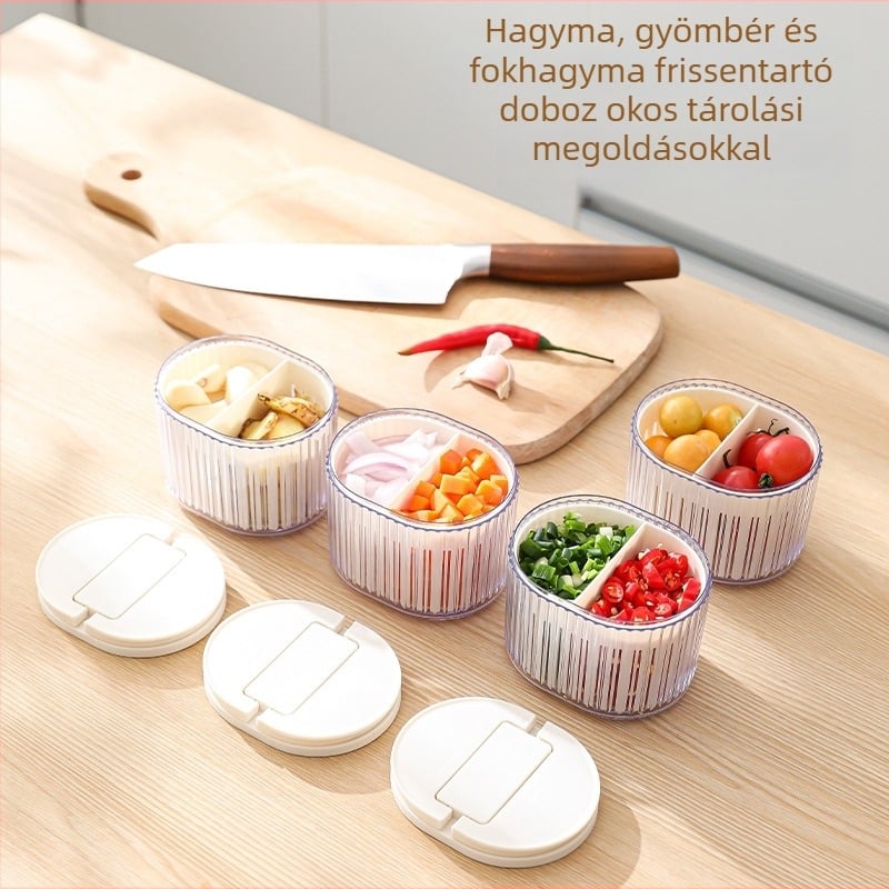 Élelmiszer-minőségű hűtőszekrény-tárolóedény fedővel, zárható, osztott rekeszekkel zöldhagymára, gyömbérre és fokhagymára