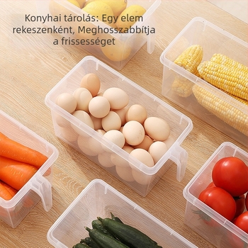 Átlátszó, téglalap alakú fiókos hűtőtároló, zárható, tojások és élelmiszerek számára