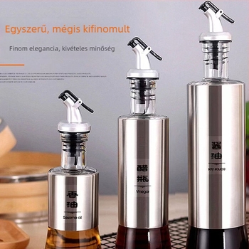 Rozsdamentes acél zárható olajtartó üveg, konyhai tároláshoz, olajra, szójaszószra, ecetre és fűszerekre.