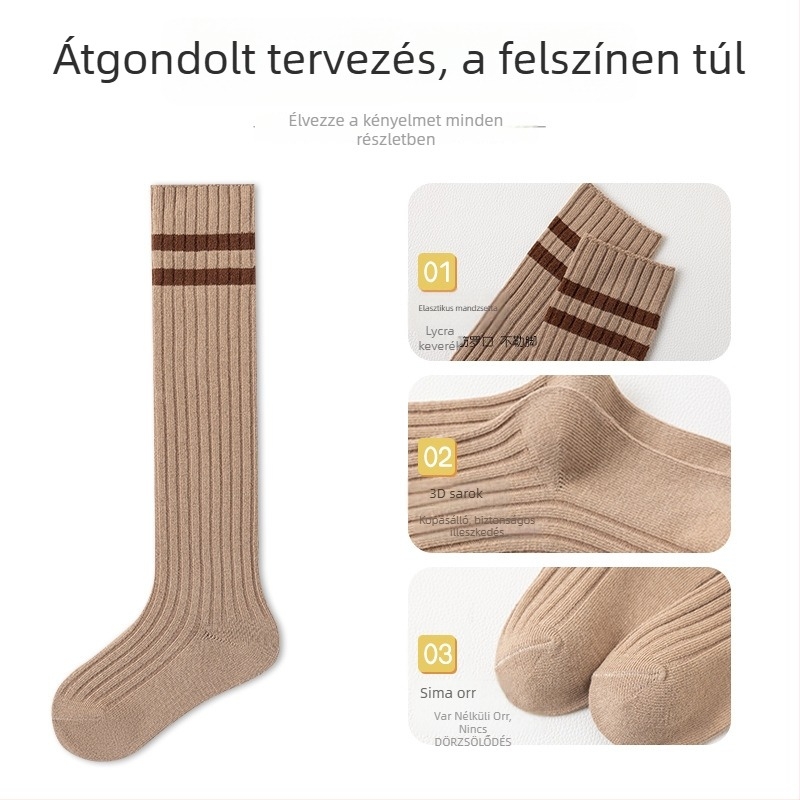 Gyerekeknek pamut zokni csíkos, vádli hosszú, uniszex, őszi-téli, 3–8 éveseknek, összetétel: 73% gyapot, 24% poliészter, 2,6% spandex