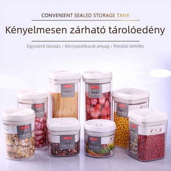 Élelmiszer-minőségű műanyag tárolóedény konyhai használatra, átlátszó, vastagított kivitelű, gabonák tárolására