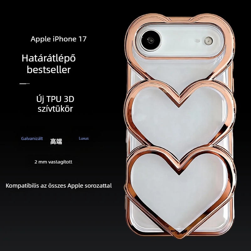 Elektroplatinált ezüst színű egymásra helyezett szívű iPhone tok, minimalistikus édes és vagány dizájn, védő tok az iPhone 17 Pro Maxhoz