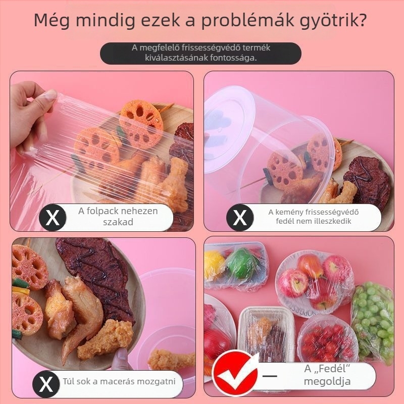 100 darab egyetlen használatú élelmiszer-minőségű fóliafedő készlet a konyhához és a hűtőhöz, rugalmas nyílással a maradékok és tálak számára