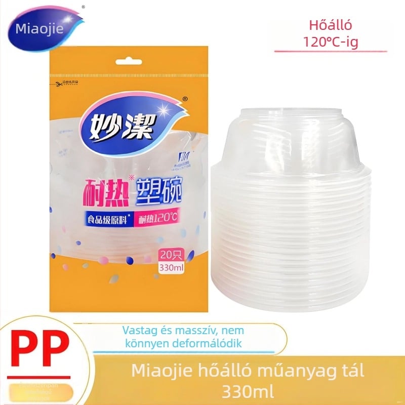 Miaojie hőálló egyszer használatos műanyag tál, kör alakú leveses tál, 330 ml