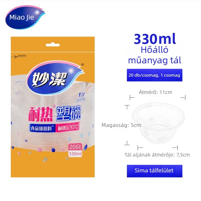 Miaojie hőálló egyszer használatos műanyag tál, kör alakú leveses tál, 330 ml