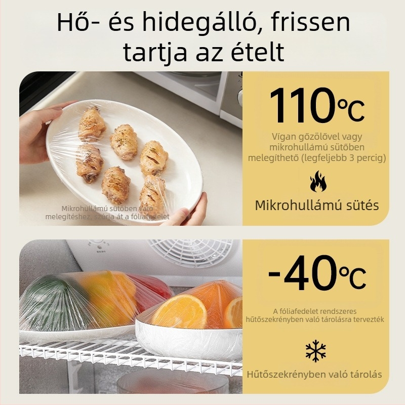 Falihoz szerelhető egyszer használatos élelmiszer-minőségű fólia-fedő, otthoni használatra, elasztikus szalaggal a maradékok és tálak lefedésére