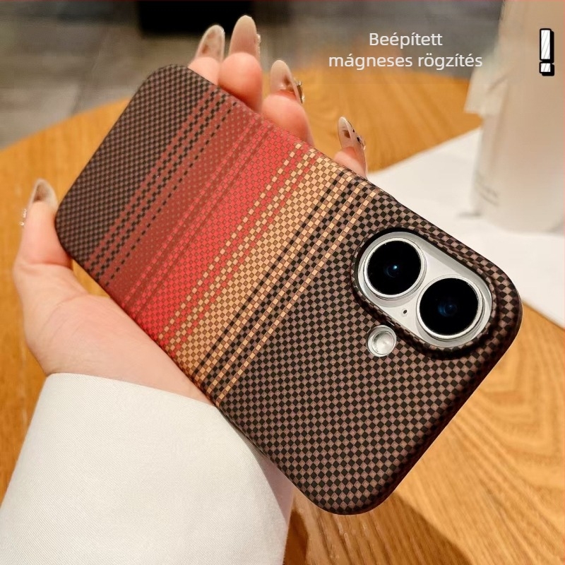 iPhone 17 Kevlar víztranszfer mintázatú tok iPhone 16 Pro Maxhoz, beépített mágneses rögzítéssel és teljes körű PC kemény tok