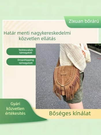 Női művelúr boho tassel saddle táska vállon, közepes méretű
