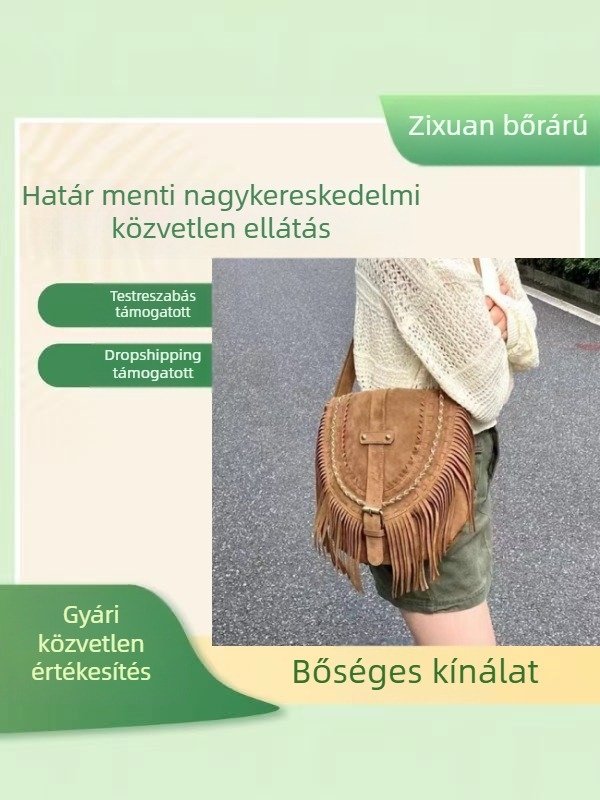 Női művelúr boho tassel saddle táska vállon, közepes méretű