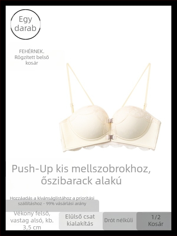 Fehér csipkés melltartó, elől záródó, 3/4 kosár, push-up hatás, keresztpántos hátsó rész, kivágott hát