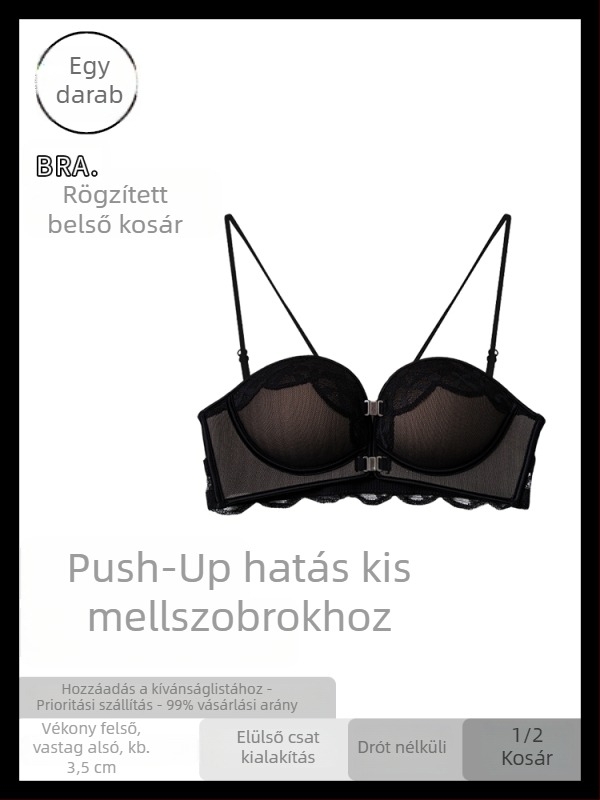 Fehér csipkés melltartó, elől záródó, 3/4 kosár, push-up hatás, keresztpántos hátsó rész, kivágott hát