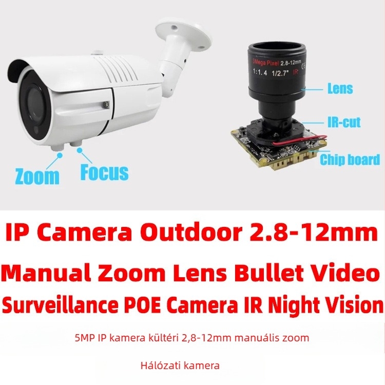 2,8–12 mm motoros zoomos hálózati kamera PTZ-vel, kompatibilis Hikvision és Dahua PTZ rendszerekkel