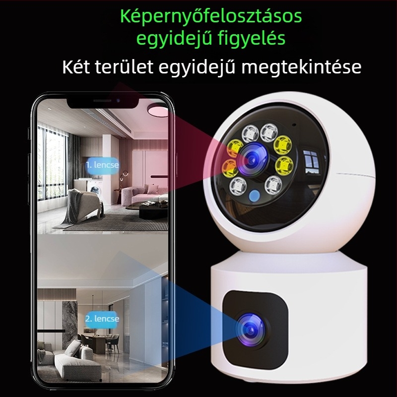 HD kétlencsés beltéri WiFi megfigyelő kamera Pan/Tilt funkcióval és kettős panorámás nézettel