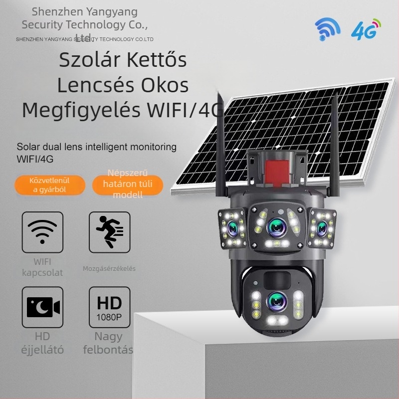 Napelemes 4G panoráma intelligens kamera kettős objektívvel, alacsony energiafogyasztás, kétirányú hang, kültéri monitor.