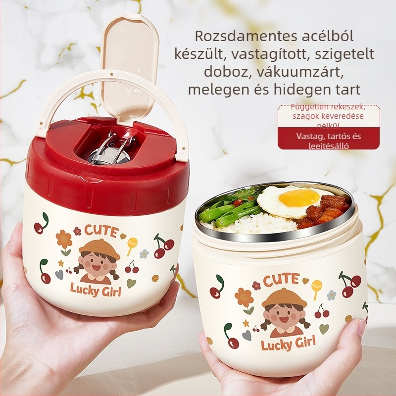 304 rozsdamentes acélból készült szigetelt ebédes doboz, mini, hordozható, karikatúra mintával, dupla rekeszes, zárható, szivárgásmentes