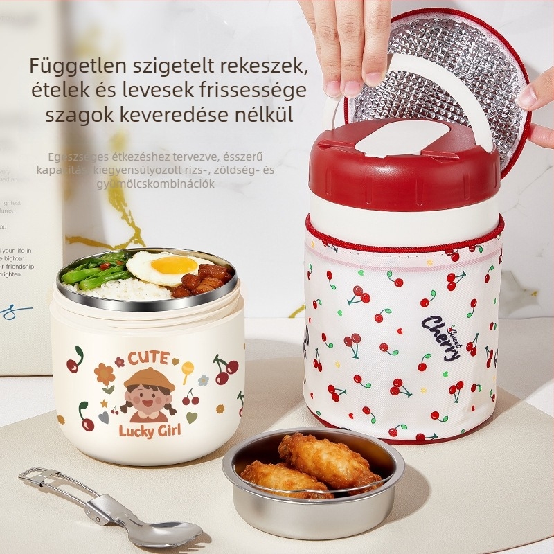 304 rozsdamentes acélból készült szigetelt ebédes doboz, mini, hordozható, karikatúra mintával, dupla rekeszes, zárható, szivárgásmentes
