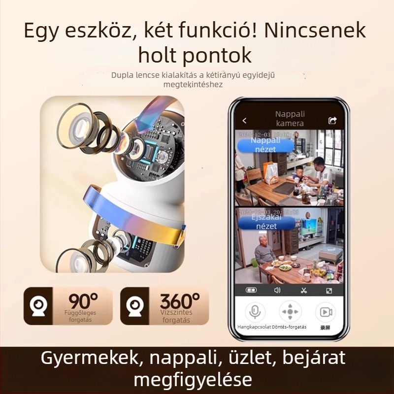 Belső téri kettős objektívű megfigyelő kamera, 360°-os forgással és interkommal