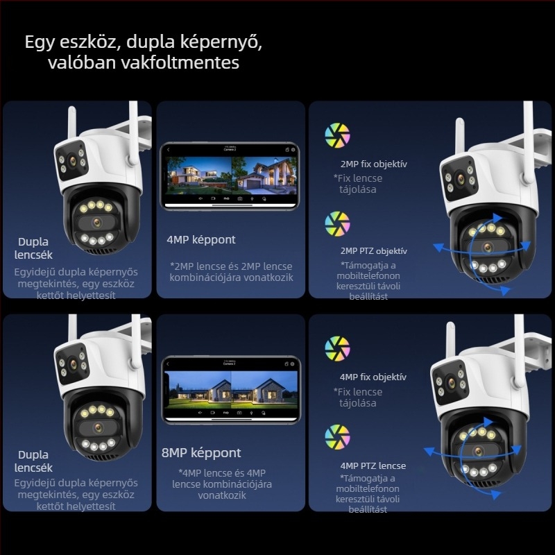 icsee Kültéri vezeték nélküli Wi‑Fi kamera 8× zoomos, kettős objektív, mobil távoli megfigyeléshez