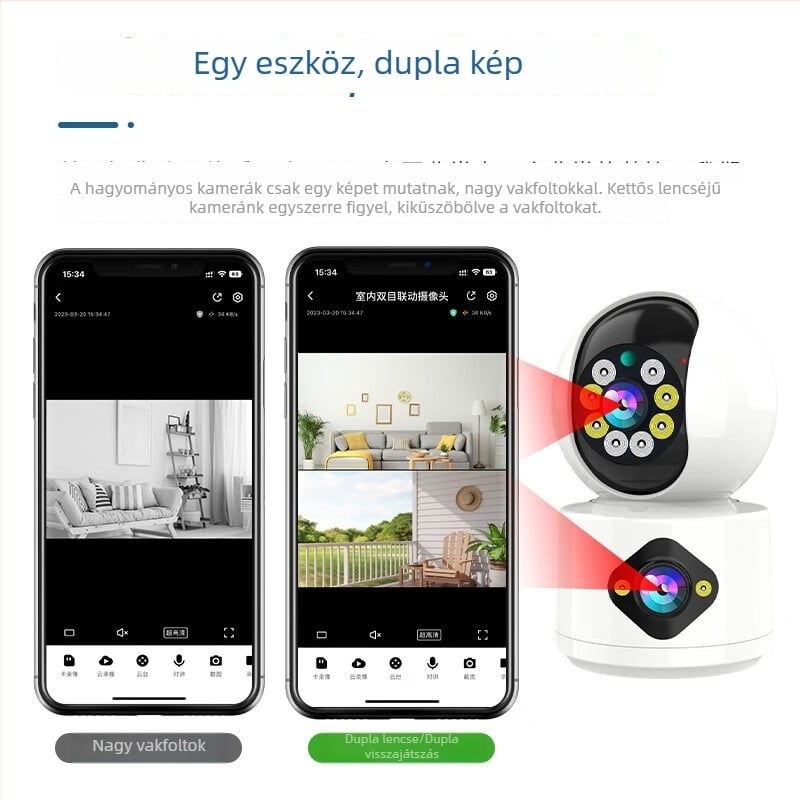 O-KAM belső kétlencsés kamera, kettős nézet, forgó fej, 360° HD otthoni megfigyelés