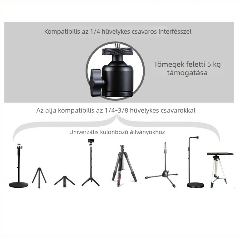 Fém gimbal fej állványhoz, kompatibilis mirrorless és DSLR kamerákkal, 3/8 inch menet, 360° panoráma/tilt