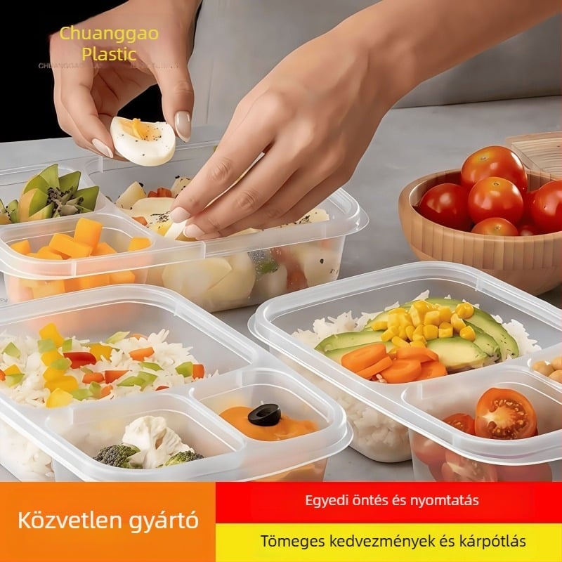 Három rekeszű ebédtál készlet, átlátszó műanyag téglalap alakú, mikrohullámú sütőbe tehető, élelmiszer-minőségű