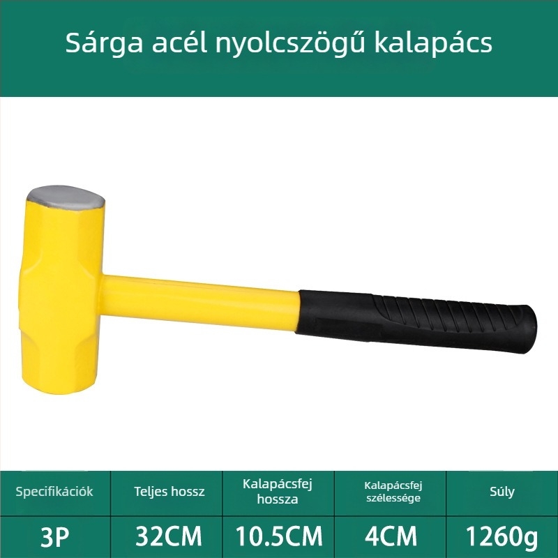 Nyolcszögletű kalapács fa markolattal, szénacél fej, ütésálló, 0,25/0,5/0,75 kg