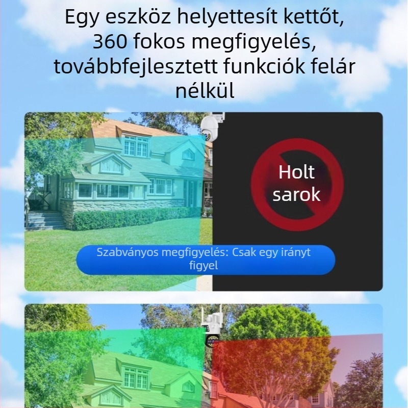 Kültéri megfigyelő kamera 360°-os lefedettséggel, HD éjszakai látással, vezeték nélküli Wi-Fi, távoli hozzáférés mobiltelefonról