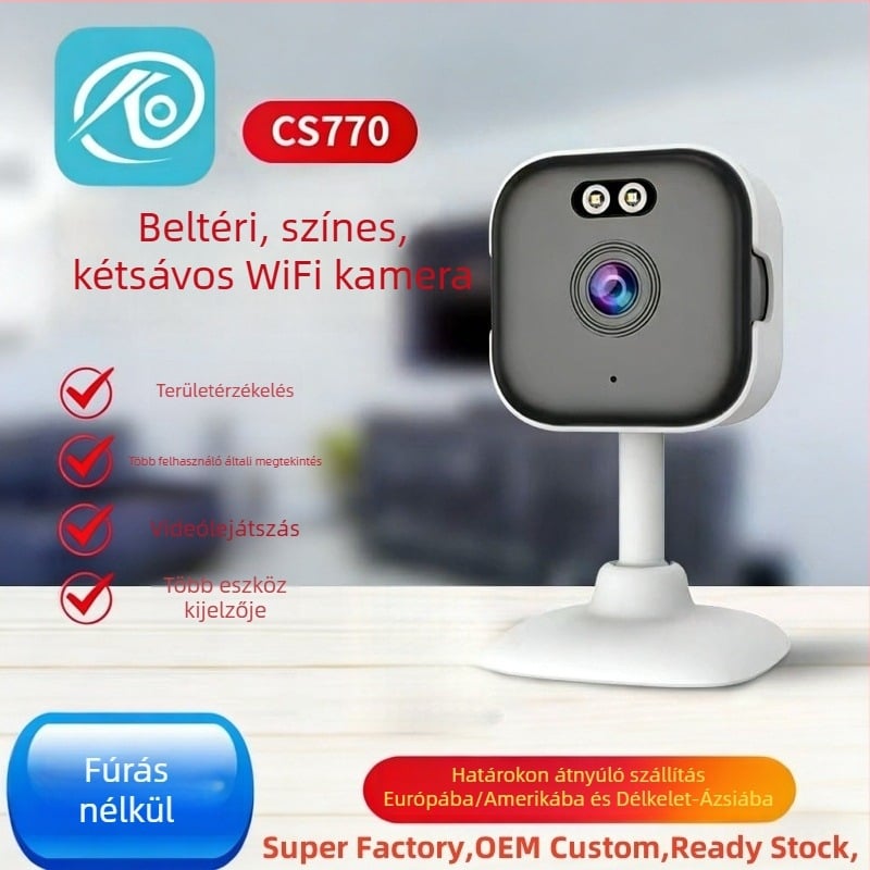 HD megfigyelő kamera éles éjszakai látással, beltéri otthoni monitor, 360° Wi‑Fi, telepítés nélkül