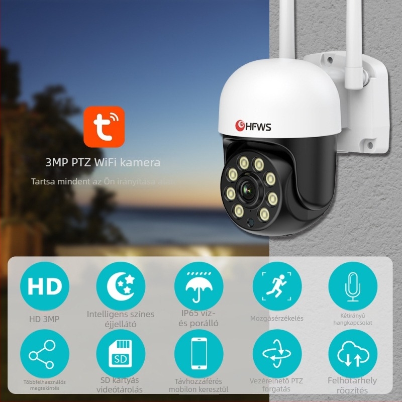 Kültéri vezeték nélküli megfigyelő kamera, HD éjszakai látás, 360° PTZ, Wi-Fi