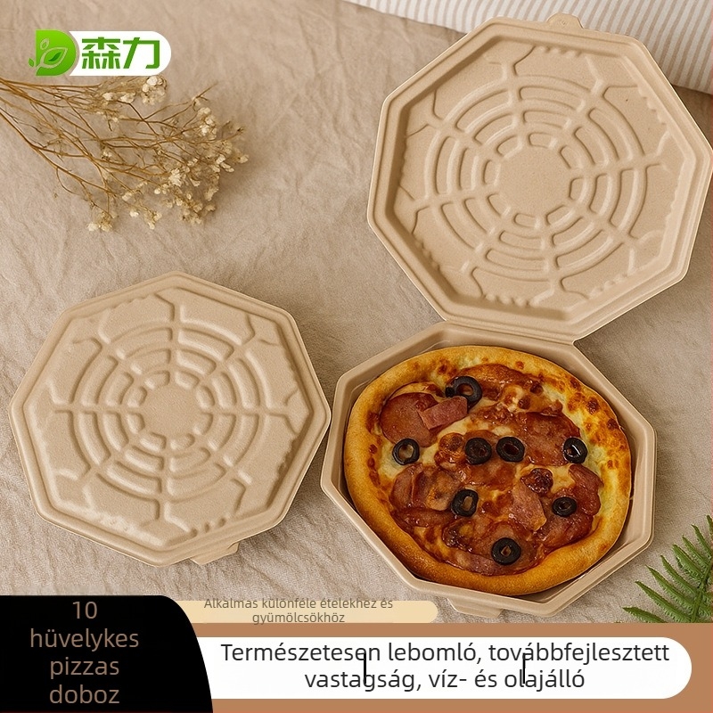 10 hüvelykes pizzadoboz cellulózból, biológiailag lebomló nyolcszögletű dizájn, melegíthető egyrészes doboz