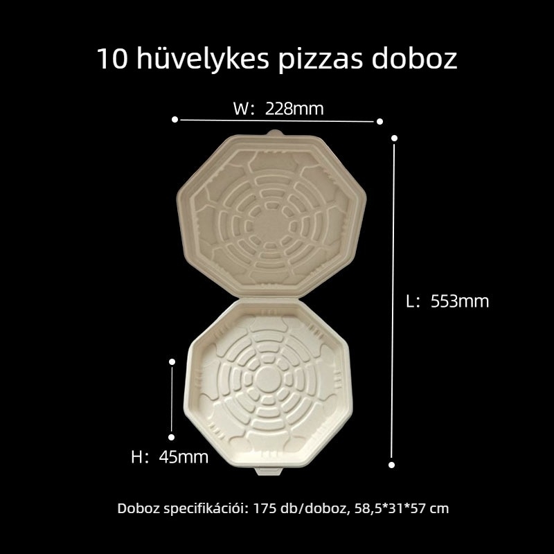 10 hüvelykes pizzadoboz cellulózból, biológiailag lebomló nyolcszögletű dizájn, melegíthető egyrészes doboz