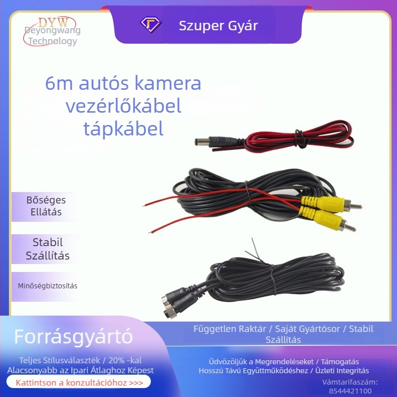 Univerzális autókamera videó- és tápegység-kábel, 6 m, RCA koaxiális vezeték