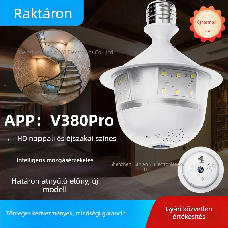 Beltéri fisheye panoráma megfigyelő kamera integrált reflektorral és vezeték nélküli okos HD világítótest