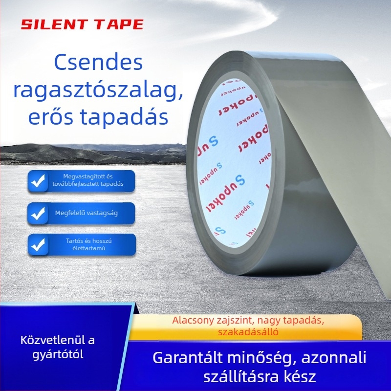 Zajmentes átlátszó csomagoló szalag, szélesség 4,5–6 cm, hossz 60–150 m, BOPP alapú, hidrokolloid ragasztó, színek: átlátszó, barna, bézs, 1 tekercs