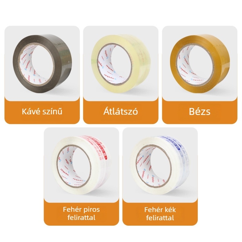 Zajmentes átlátszó csomagoló szalag, szélesség 4,5–6 cm, hossz 60–150 m, BOPP alapú, hidrokolloid ragasztó, színek: átlátszó, barna, bézs, 1 tekercs