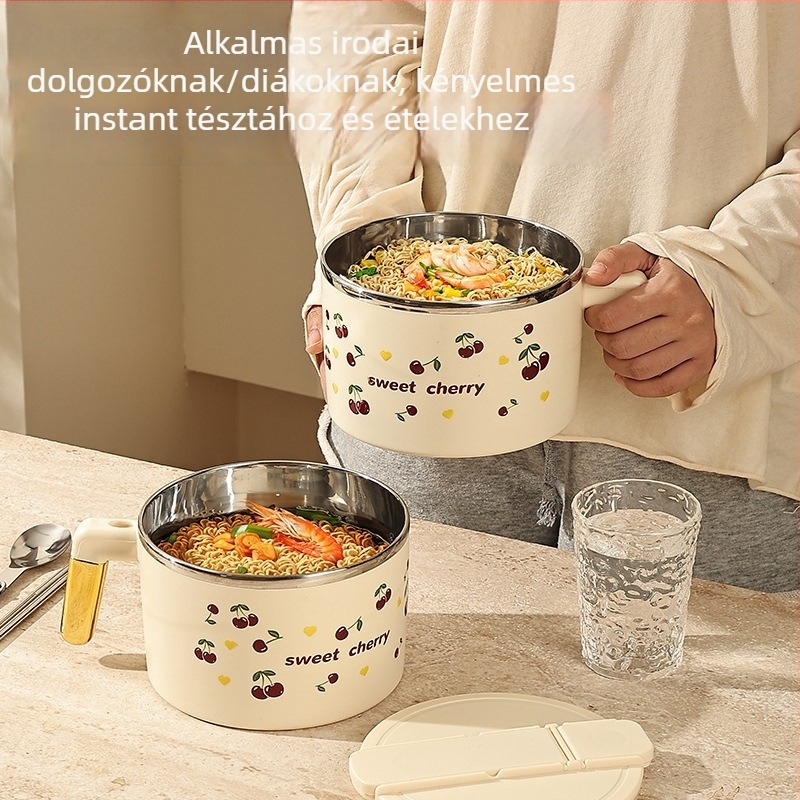 Rozsdamentes acél instant tészta tál fedővel, nagy kapacitás, diákoknak és irodai dolgozóknak, aranyos dizájn, hőálló, mikrohullámú sütőben használható