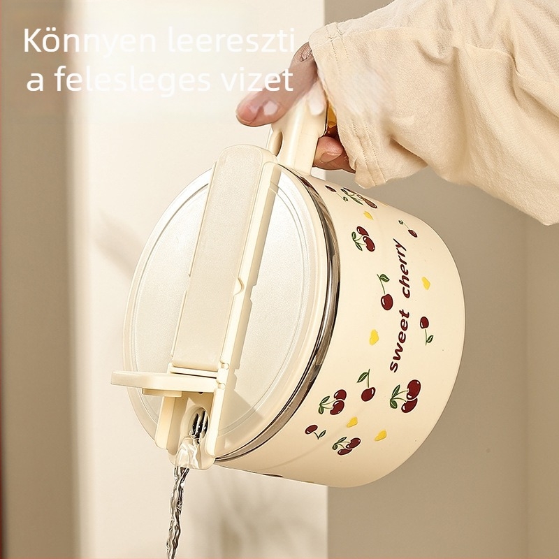 Rozsdamentes acél instant tészta tál fedővel, nagy kapacitás, diákoknak és irodai dolgozóknak, aranyos dizájn, hőálló, mikrohullámú sütőben használható