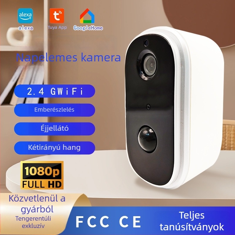 1080P napelemes okos otthoni biztonsági kamera, Wi‑Fi külső vezeték nélküli megfigyelés