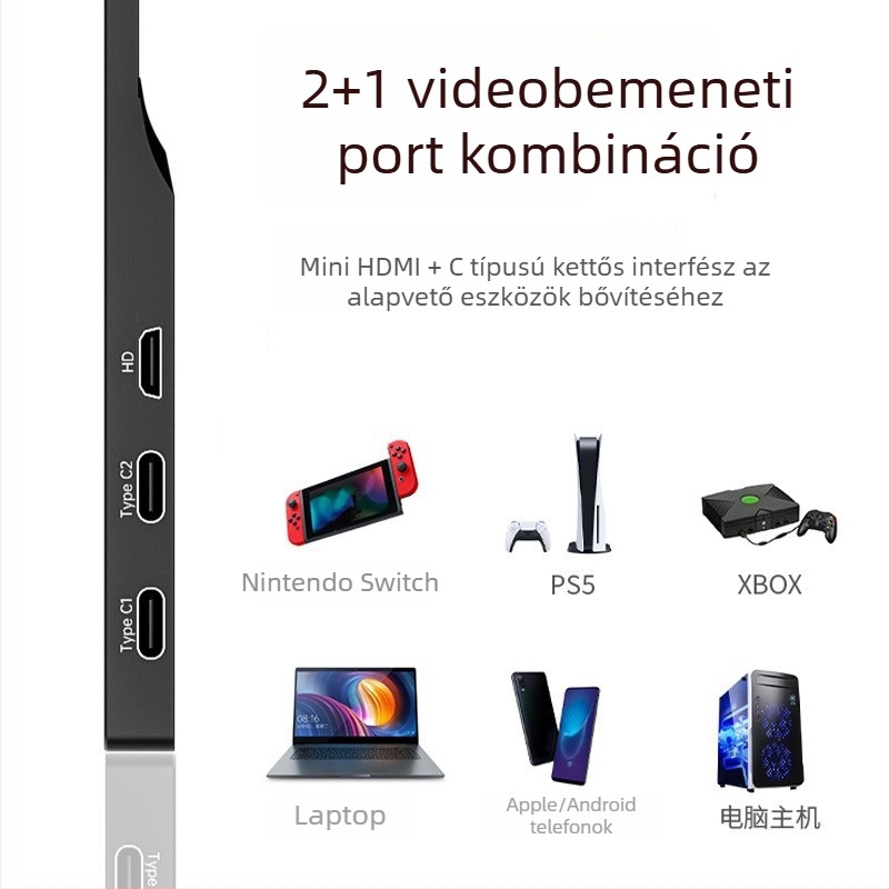 15,6 hüvelykes hordozható gamer-monitor, 1080p, kompatibil Switch-sel, Xbox-szal, PS5-tel, PC-vel és mobiltelefonokkal