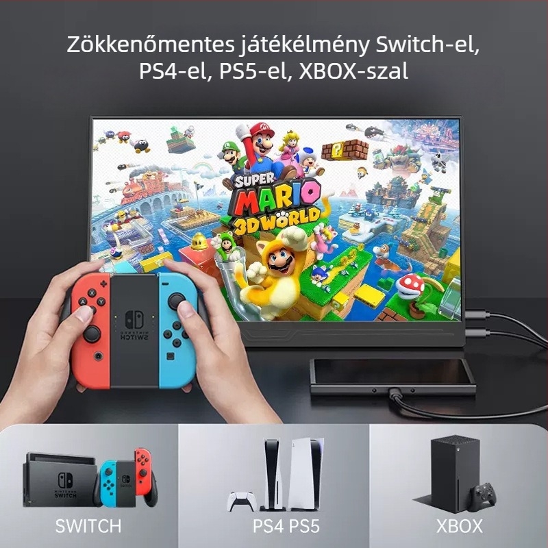 15,6 hüvelykes hordozható gamer-monitor, 1080p, kompatibil Switch-sel, Xbox-szal, PS5-tel, PC-vel és mobiltelefonokkal