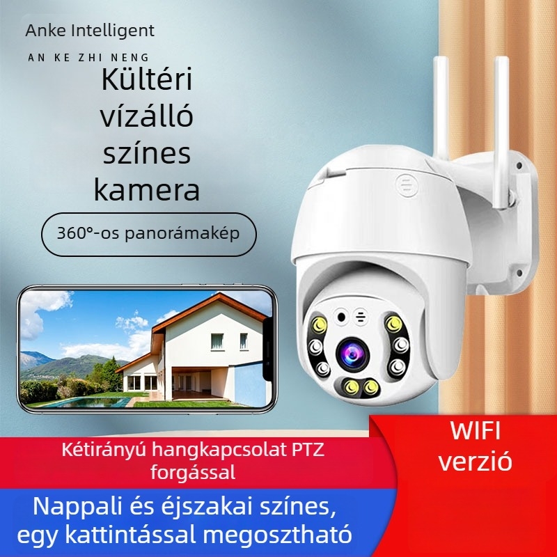 Kültéri otthoni megfigyelő kamera Wi‑Fivel, hálózati kábelcsatlakozással és távoli hanginterkommal mobiltelefonról, 2MP