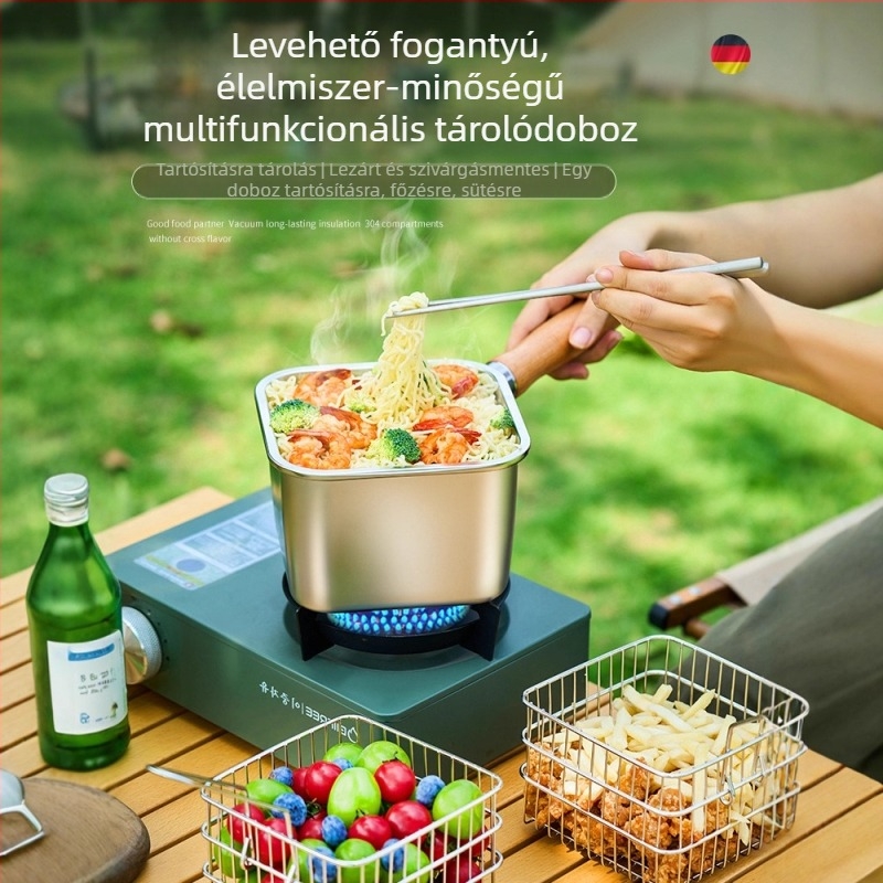 Személyre szabható rozsdamentes acél ételtároló doboz, zárható, kültéren használható, hordozható tűzhely-kompatibilis