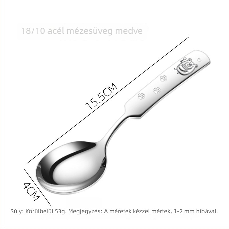 18/10 rozsdamentes acélból készült gyerek evőkanál, rövid nyél, kerek fej, karikatúra dizájn