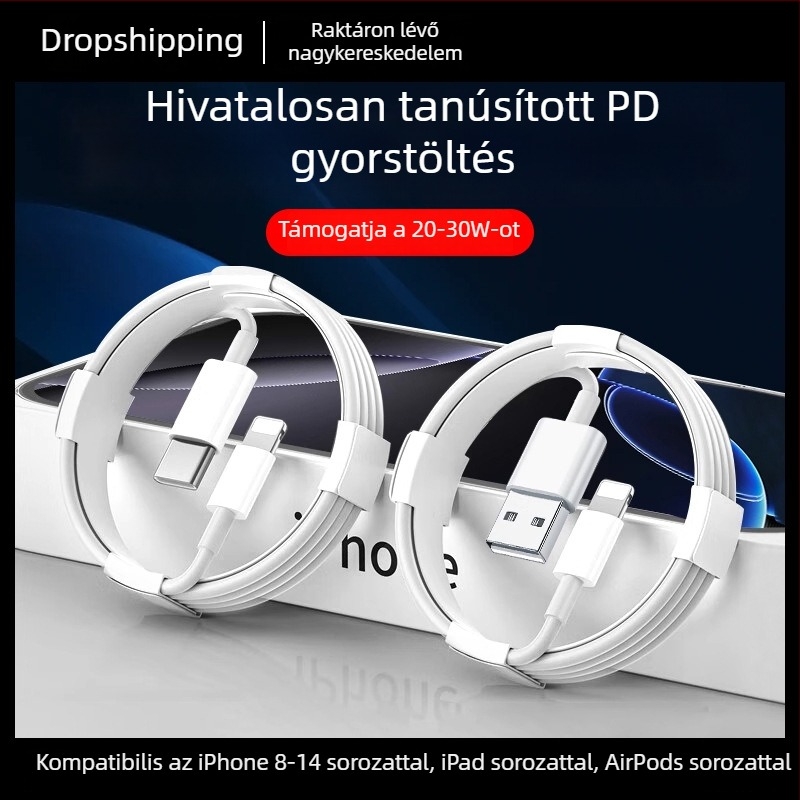 Lightning töltőkábel 30W PD gyors töltéssel iPhone 14/13/12/XS Max és iPhone 8/7/6 számára