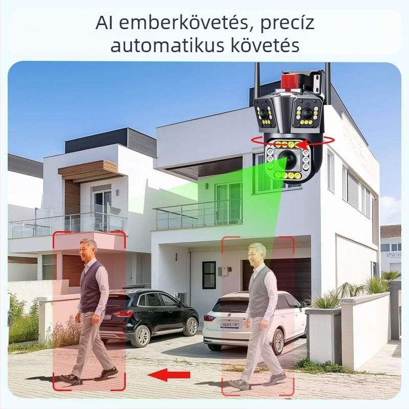 Otthonra és kültérre szánt megfigyelő kamera, Wi-Fi, 360° éjjellátás, háromlencsés kamera, 12K felbontás