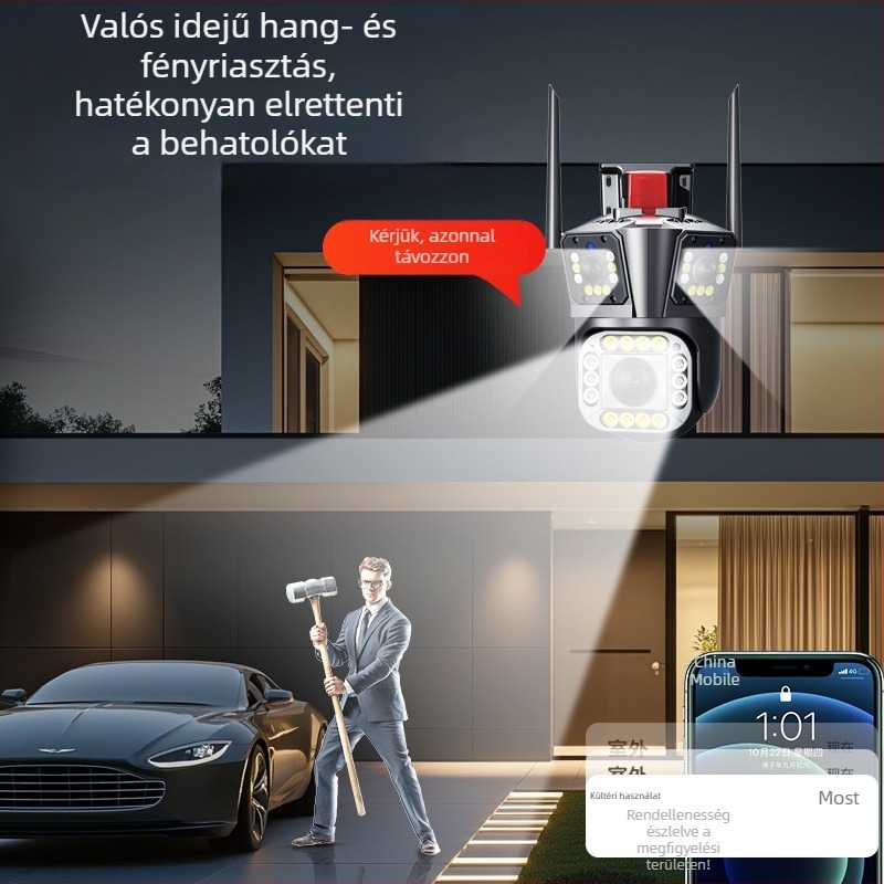 Otthonra és kültérre szánt megfigyelő kamera, Wi-Fi, 360° éjjellátás, háromlencsés kamera, 12K felbontás