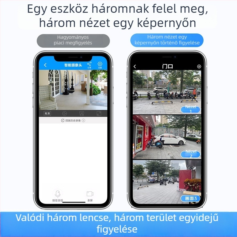 Otthonra és kültérre szánt megfigyelő kamera, Wi-Fi, 360° éjjellátás, háromlencsés kamera, 12K felbontás