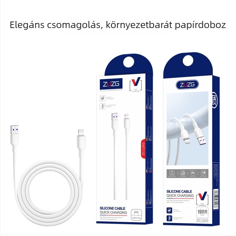 1–2 m hosszú gyors töltésű adatkábel USB-C, Micro USB és Lightning csatlakozókkal; kompatibil Android és Apple eszközökhöz, támogatja 5A/6A töltést