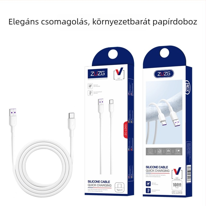 1–2 m hosszú gyors töltésű adatkábel USB-C, Micro USB és Lightning csatlakozókkal; kompatibil Android és Apple eszközökhöz, támogatja 5A/6A töltést